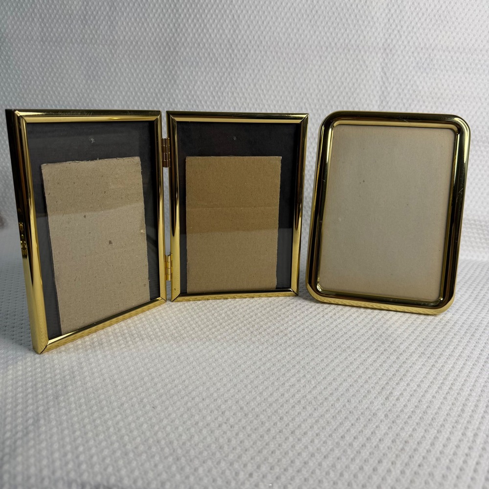 Gold Tone Metal Picture Frame Set Hinged Double and Single Rounded Tabletop 5x7